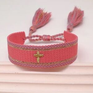 Pink Boho Embroidered Cross Tassel Bracelet